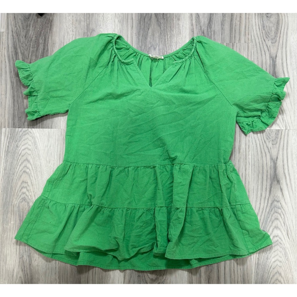 Kelly Green Tiered‎ Babydoll Top Short Ruffle Sleeve Cotton Blouse Small